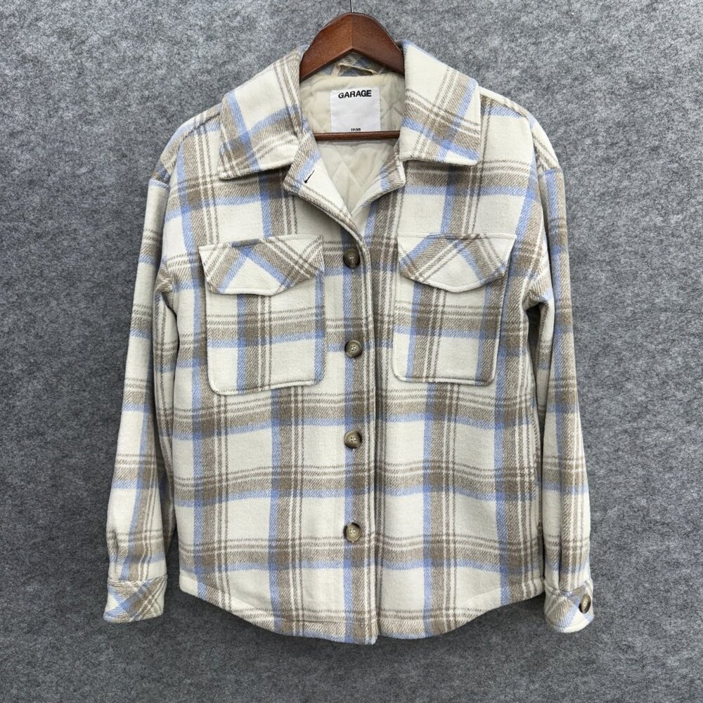 GARAGE Quilted Flannel Shirt Jacket Shacket Work Skater, White Plaid, Size TP/XS